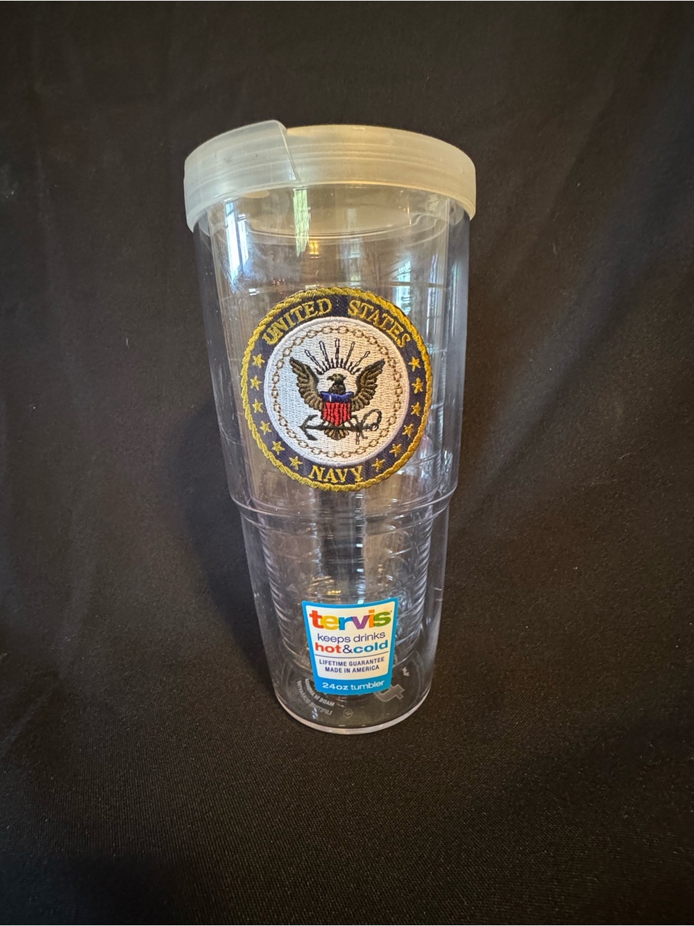 tervis clear tumbler with United States Navy emblem and translucent lid